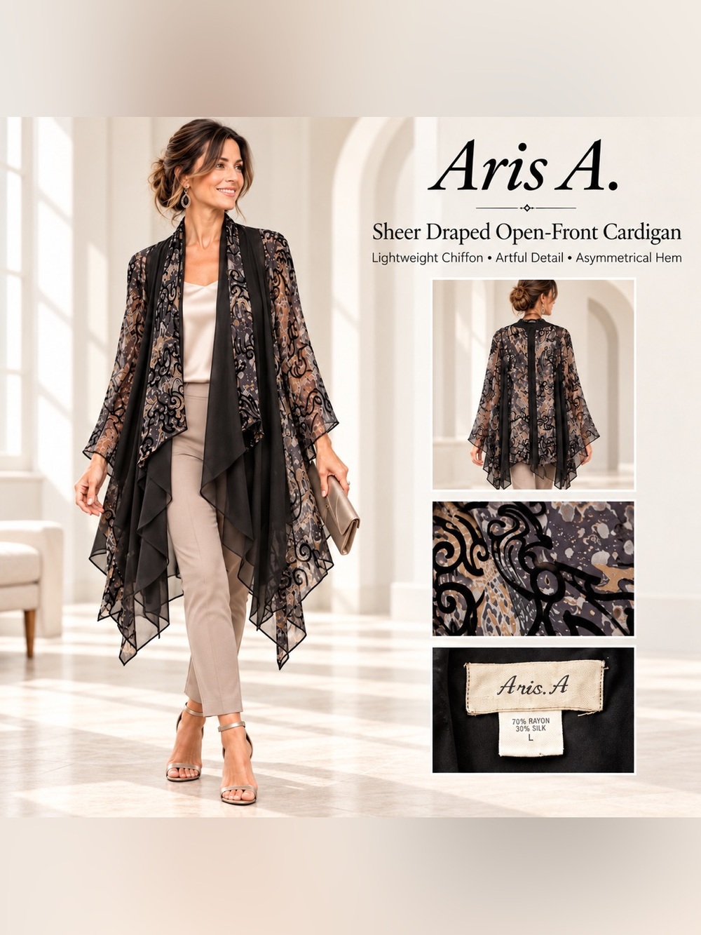 Aris A. Sheer Draped Open-Front Cardigan